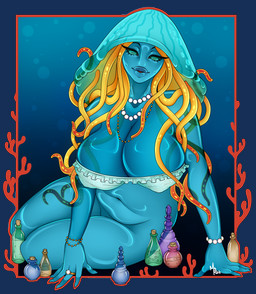 anthro blue_body blue_skin bottomless bottomless_female breasts clothed clothing female hair jewelry lips orange_hair overweight potion pseudo_hair slightly_chubby slightly_chubby_female solo swimwear tentacle_hair tentacles thick_lips translucent translucent_body translucent_skin cosmicrot kalahari_(morphide) animal_humanoid aquatic aquatic_humanoid cnidarian cnidarian_humanoid humanoid jellyfish jellyfish_humanoid medusozoan medusozoan_humanoid absurd_res alpha_channel hi_res
