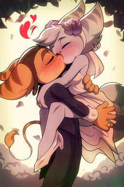 anthro biped black_clothing blush bottomwear breasts clothed clothing dress duo ear_piercing ear_ring eyes_closed female kissing male male/female married married_couple piercing ring_piercing tail topwear wedding white_clothing wildblur ratchet_and_clank sony_corporation sony_interactive_entertainment ratchet_(ratchet_and_clank) rivet_(ratchet_and_clank) lombax mammal hi_res