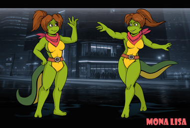 2_toes 4_fingers anthro belly breasts brown_hair featureless_breasts featureless_crotch feet female fingers green_body green_skin hair kerchief looking_at_hand medium_breasts mouth_closed navel neckerchief neckwear non-mammal_breasts non-mammal_navel nude nude_female pink_kerchief pink_neckerchief pink_neckwear pink_text ponytail purple_eyes screencap screencap_background smile solo standing tail text toes yellow_belly chronorin teenage_mutant_ninga_turtles:_shredder's_revenge teenage_mutant_ninja_turtles teenage_mutant_ninja_turtles_(1987) mona_lisa_(tmnt) lizard reptile scalie absurd_res adobe_photoshop_(artwork) digital_drawing_(artwork) digital_media_(artwork) english_description hi_res letterbox procreate_(artwork)