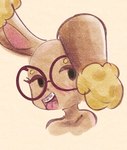 anthro black_eyes blush blush_lines braces eyebrows eyelashes eyewear female fur glasses long_ears multicolored_body multicolored_fur one_ear_up open_mouth open_smile pink_tongue round_glasses simple_background smile solo teeth tongue two_tone_body two_tone_fur wearing_glasses white_background yellow_body yellow_fur strugglingquota nintendo pokemon buneary generation_4_pokemon lagomorph mammal pokemon_(species) 2025 bust_portrait digital_drawing_(artwork) digital_media_(artwork) hi_res portrait shaded textless