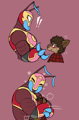ambiguous_gender antennae_(anatomy) anthro big_ears big_nose blush blush_lines bodily_fluids brown_body brown_eyes brown_fur brown_hair clothing curly_hair duo excited exclamation_point exoskeleton eyes_closed fangs female flustered flying_sweatdrops fur hair heart_symbol hug lucha_libre_mask mandibles mask motion_lines muscular muscular_female nervous poncho sports_mask sportswear sweat sweatdrop teeth wearing_mask wrestling_mask carameltsi rivals_of_aether la_reina_(rivals_of_aether) ti-ti ant arthropod bat hymenopteran insect mammal absurd_res hi_res sequence
