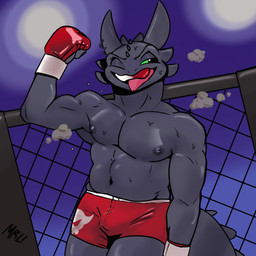 anthro bodily_fluids bottomwear bulge clothing gloves green_eyes handwear male mma mouthguard nipples non-mammal_nipples one_eye_closed piercing shorts solo sweat tongue tongue_out wink fellowthewulf dreamworks european_mythology how_to_train_your_dragon mythology toothless dragon fury_(httyd) mythological_creature mythological_scalie night_fury scalie western_dragon 1:1 digital_media_(artwork) hi_res