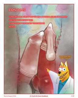 anthro blue_clothing blue_shirt blue_topwear bodily_fluids border bulging_eyes clothing coat condom cum dialogue doctor eyebrows filled_condom frottage fur genital_fluids genitals gesture hand_gesture insane knot knotted_penis lab_coat male penile penis penises_touching pointing red_penis red_text sex sexual_barrier_device shirt text topwear wearing_condom white_border white_clothing white_coat white_topwear yellow_body yellow_fur sharkinthepark dr_knot_(sharkinthepark) 2026 4:5 absurd_res hi_res