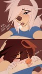 anthro blue_eyes breasts brown_hair chest_lick clothed clothing duo eyebrows eyelashes eyes_closed female female/female hair licking open_mouth orange_nose smile teeth tongue tongue_out wolflady danika_(wolflady) frori canid canine canis domestic_dog mammal 2022 comic digital_media_(artwork)