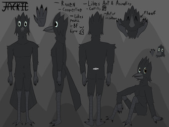 anthro arm_tuft avian_feet beak black_body black_feather_hair black_feathers brown_eyes cheek_tuft crotch_tuft facial_tuft feather_hair feathers feet fluffy front_view male pseudo_hair rear_view simple_background smile solo tail tail_feathers talons text toes tuft corvidcharacter jackie_(corvidcharacter) avian bird corvid corvus_(genus) oscine passerine raven 2026 4:3 english_text hi_res model_sheet