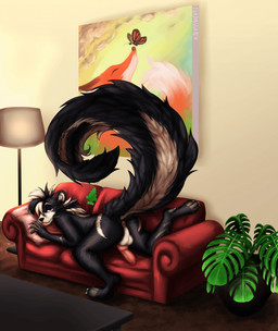 anthro anus backsack balls big_tail butt fluffy fluffy_tail fur furniture genitals knot living_room looking_at_viewer male multicolored_body multicolored_fur nude paws penis picture_frame pillow pose presenting presenting_hindquarters raised_tail red_eyes skunk_tail slim sofa solo tail tail_anus teasing tongue adrisaworld kaden_(luniethewolf66) mammal mephitid skunk hi_res pinup