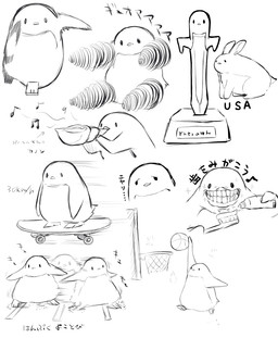 ambiguous_gender ball basketball_(ball) beady_eyes beak brush feral flippers holding_object melee_weapon motion_lines seashell shell skateboard solo sword teeth text toothbrush toothpaste vehicle weapon m_nyanko_299 hijikata avian bird penguin 2023 black_and_white digital_media_(artwork) japanese_text monochrome multiple_images sketch translation_request