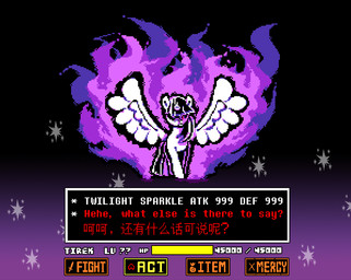female feral fire gameplay_mechanics gui health_bar horn looking_at_viewer solo sparkles wings purpleshadow738 friendship_is_magic hasbro my_little_pony mythology undertale undertale_(series) twilight_sparkle_(mlp) equid equine mammal mythological_creature mythological_equine winged_unicorn digital_media_(artwork) pixel_(artwork)