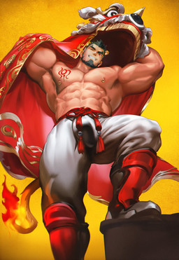 abs beard belt biceps black_hair boots bottomwear bulge chest_tattoo clothed clothing facial_hair feline_ears fire flaming_tail foot_on_object footwear hair holding_object holidays lion_dance lion_ears lion_head looking_at_viewer looking_down looking_down_at_viewer low-angle_view male muscular muscular_humanoid muscular_male nipple_piercing nipple_ring nipples one_eye_closed pants pecs piercing red_boots red_clothing red_eyes red_footwear red_tattoo ring_piercing rope rope_belt shoes simple_background smile solo tail tattoo topless white_bottomwear white_clothing white_pants yellow_background powerlesssong chinese_new_year alcander_(wakatanka4) animal_humanoid felid felid_humanoid humanoid lion_humanoid mammal mammal_humanoid pantherine pantherine_humanoid 2026 hi_res