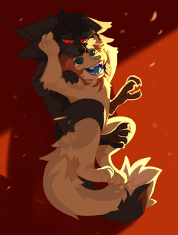 anthro avian_feet black_hair blue_eyes blue_tongue duo fangs female fur glistening glistening_eyes grey_body grey_fur hair happy male no_pupils nude open_mouth open_smile playful pupils red_eyes red_pupils simple_background smile tan_body tan_fur teeth tongue unsigned corzh77 species_request absurd_res hi_res
