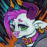 abstract_background anthro clothed clothing collar decoration ear_piercing green_eyes hair horn looking_at_viewer male piercing purple_hair ring_piercing solo tass_the_bovine tass_(character) bovid bovine cattle mammal 1:1 digital_media_(artwork) icon low_res thumbnail