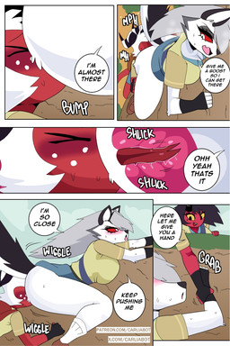 anthro black_hair breasts butt clothed clothing dialogue eyebrows eyelashes female fingerless_gloves footwear freckles fur genitals gloves group hair handwear male no_underwear open_mouth red_body red_eyes red_sclera red_skin shoes socks text trio white_body white_fur white_hair yellow_sclera carliabot hellaverse helluva_boss mythology peak_(videogame) loona_(helluva_boss) millie_(helluva_boss) moxxie_(helluva_boss) canid canid_demon canine demon hellhound humanoid imp mammal mythological_canine mythological_creature 2025 2:3 artist_name comic english_text hi_res url