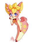 ambiguous_gender anthro bell bell_collar bent_over big_butt big_ears biped blue_eyes blush butt collar eyelashes eyeliner flower_on_head fur glistening glistening_bell glistening_eyes heart_symbol holding_cheek hooves logo makeup pink_body pink_fur pokemorph red_nose scut_tail seasonal_pelt short_tail simple_background solo sparkles standing tail tan_body tan_fur thick_thighs white_background yellow_body yellow_fur hammycheekers nintendo pokemon deer deerling generation_5_pokemon mammal pokemon_(species) spring_deerling artist_logo full-length_portrait portrait shaded