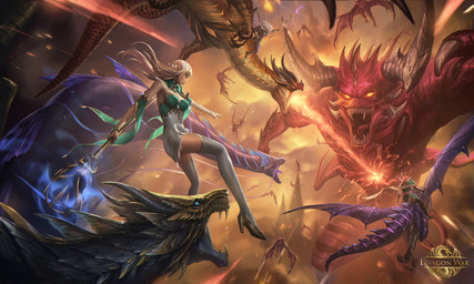 accessory ambiguous_gender blonde_hair breasts breath_powers building claws clothing cloud elemental_manipulation female feral fire fire_breathing fire_manipulation flower flower_in_hair flying footwear gesture glowing glowing_eyes group hair hair_accessory hand_gesture high_heels holding_object holding_staff horn magic male membrane_(anatomy) membranous_wings plant pointing purple_body purple_scales red_body red_scales riding scales sharp_teeth shoes size_difference staff tail teeth wings phu_thieu dragon_war demon demon_humanoid elf humanoid digital_media_(artwork) hi_res official_art