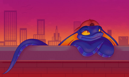 ambiguous_gender blue_body blue_scales brick_wall building clothing feral hat headgear headwear pupils red_cap red_pupils scales snake_hood solo sunset tail tapering_tail ventral_scales wall_(structure) yellow_sclera cyadical skechers_(cyadical) cobra reptile scalie snake 2025 hi_res shaded soft_shading male_(lore)