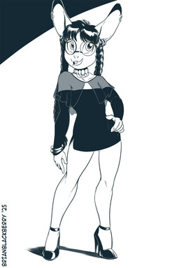 anthro bracelet buckteeth choker clothing ear_piercing eyewear female footwear glasses high_heels jewelry necklace piercing round_glasses shoes simple_background solo teeth white_background brian_mcpherson blueberry_(brian_mcpherson) hare lagomorph leporid mammal rabbit 2025 2:3 hi_res monochrome