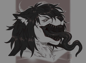 anthro black_hair black_mouth black_teeth black_tongue chest_tuft fur glistening glistening_hair glistening_tongue grey_background hair long_tongue male open_mouth sharp_teeth simple_background solo teeth tongue tongue_out tuft corvidae_creations canid canine mammal bust_portrait portrait