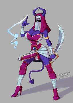 balls bandage blue_body blue_skin boots breasts clothing erection footwear genitals gynomorph high_heeled_boots high_heels intersex jewelry magic_user melee_weapon obscured_face penis penis_clothing scimitar shoes solo spade_tail sword tail weapon naughtyjester demon demon_humanoid humanoid hi_res