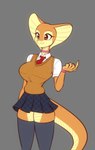 anthro big_breasts bottomwear breasts brown_body choker clothing eyebrows eyelashes female jewelry legwear necklace necktie non-mammal_breasts school_uniform skirt smile snake_hood solo thick_thighs thigh_highs uniform wristband yellow_body scorpdk reptile scalie snake 2025 absurd_res hi_res