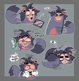 ambiguous_gender angelbite_piercing blue_body blue_fur blue_hair bong chibi drawing_tablet drugs ear_piercing facial_piercing foaming_at_mouth fur gauged_ear hair half-closed_eyes lighter lip_piercing narrowed_eyes open_mouth open_smile orange_sclera piercing sharp_teeth simple_background smile solo stud_piercing teeth text sparkibarki sparki canid canine canis domestic_dog herding_dog mammal pastoral_dog sheepdog shetland_sheepdog english_text hi_res nonbinary_(lore) trans_(lore) trans_man_(lore)