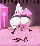 anthro big_butt butt butt_crush clothing cracked_ground duo female fur grey_body grey_fur grey_hair hair huge_butt husband husband_and_wife hyper hyper_butt long_hair male male/female married_couple obese overweight pink_clothing pink_eyes pink_robe raised_tail red_clothing red_eyes red_robe robe short_hair tail white_body white_face white_fur white_hair wife aplastante helluva_boss stella_(helluva_boss) stolas_(helluva_boss) anatid anseriform anserinae avian avian_demon bird demon owl owl_demon swan hi_res