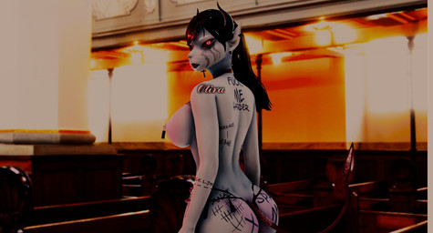 anthro bikini butt church clothing ear_piercing ear_ring female hair horn miss_otira nipple_piercing nipples otira pale_skin piercing ponytail red_eyes ring_piercing solo swimwear tattoo tied_hair two-piece_swimsuit demon hybrid mammal succubus 3d_(artwork) digital_media_(artwork) hi_res
