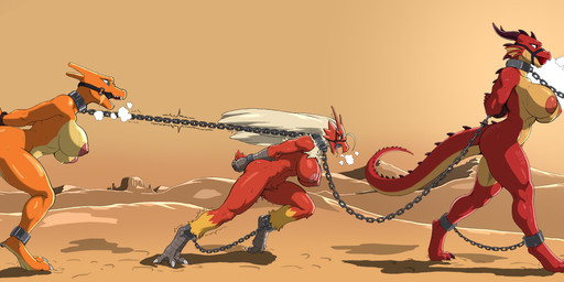 anthro athletic ball_gag bodily_fluids bound bound_together chain collar desert female gag group hands_behind_back horn leash metal muscular nude red_body rope struggling sweat trio zavni mythology nintendo pokemon blaziken charizard dragon generation_1_pokemon generation_3_pokemon mythological_creature mythological_scalie pokemon_(species) scalie absurd_res hi_res