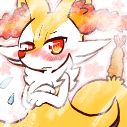 3_fingers ambiguous_anthro ambiguous_gender anthro biped blush blush_lines blushing_profusely bodily_fluids cheek_tuft eyebrows facial_tuft fingers flying_sweatdrops food front_view fur hip_tuft inner_ear_fluff looking_at_viewer multicolored_body multicolored_fur nude_ambiguous nude_anthro object_in_tail orange_body orange_eyes orange_fur orange_inner_ear_fluff orange_nose outline pointy_ears prick_ears shrimp_(food) shy solo spiral_pupils standing sweat sweatdrop tail tapering_snout tuft wavy_mouth white_body white_fur yellow_body yellow_fur yellow_tail annyui0611 nintendo pokemon braixen canid generation_6_pokemon mammal pokemon_(species) 1:1 2021 colored digital_drawing_(artwork) digital_media_(artwork) half-length_portrait hi_res japanese_description portrait translated_description