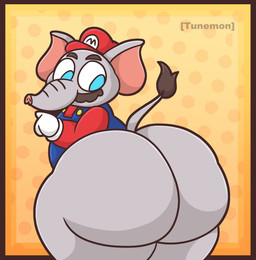 anthro big_butt butt clothing facial_hair hat headgear headwear looking_back male mustache overalls solo tunemon mario_bros nintendo super_mario_bros_wonder elephant_mario mario elephant elephantid mammal proboscidean digital_media_(artwork) hi_res