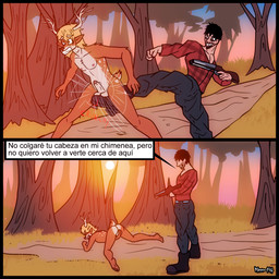 anthro antlers ass_up ballbusting balls bottomwear butt clothed clothed/nude clothing cock_and_ball_torture countershade_balls countershade_butt countershade_genitalia countershade_torso countershading denim denim_bottomwear denim_clothing detailed_background duo feet forest genital_torture genitals gun horn humanoid_genitalia humanoid_penis hunter jeans kicking_balls larger_male male male/male nipples nude pain pants penis plant ranged_weapon short_tail shotgun size_difference slim smaller_male sunset tail text tree weapon kimero_kat deer human mammal 1:1 hi_res spanish_text