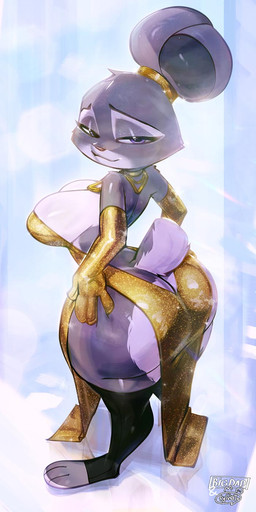 3_toes 4_fingers alternate_breast_size alternate_costume alternate_form anthro armwear bare_back bedroom_eyes big_breasts big_butt bottom_heavy breasts bulging_breasts butt clothed clothed_anthro clothed_female clothing countershade_butt countershade_face countershade_tail countershade_torso countershading dress ears_as_hair elbow_gloves eyebrows eyelashes feet female female_anthro fingers fur gloves gold_dress gold_elbow_gloves gold_gloves golden_clothing grey_body grey_fur hair_bun_ears hand_on_hip handwear high-angle_view huge_butt huge_hips huge_thighs hyper hyper_butt hyper_hips iris legwear looking_at_viewer narrowed_eyes no_underwear pupils purple_eyes raised_tail rear_view scut_tail seductive short_tail shortstack sideless_dress smile snout solo standing tail text thick_thighs thigh_highs three-quarter_view tied_ears toes white_body white_countershading wide_hips bigdad disney zootopia judy_hopps european_rabbit lagomorph leporid mammal oryctolagus rabbit 2026 artist_collaboration artist_name digital_media_(artwork) hi_res