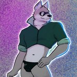 anthro bulge clothing eyewear male midriff rim_light simple_background solo sunglasses thong underwear cowardlion canid canine canis mammal wolf 1:1 low_res