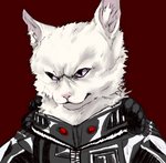 albino ambiguous_gender anthro armor clothing cybernetic_attachment cybernetics fur glistening glistening_armor machine metallic_body pink_eyes pink_nose red_background simple_background solo suit white_body white_fur cynocephaly cyborg domestic_cat felid feline felis mammal 2019 hi_res