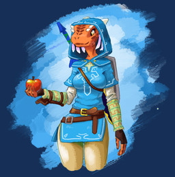 anthro apple belt breasts cosplay female food fruit hood horn master_sword melee_weapon non-mammal_breasts orange_body orange_scales plant scales shield solo spikes sword weapon yellow_eyes minus8 breath_of_the_wild microsoft nintendo the_elder_scrolls the_legend_of_zelda argonian scalie alpha_channel