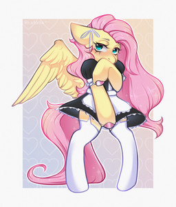clothing female footwear hair hooves looking_at_viewer maid_uniform pink_hair pink_hooves shy socks solo spread_wings uniform white_clothing white_footwear white_socks wings yellow_body katoda friendship_is_magic hasbro my_little_pony mythology fluttershy_(mlp) equid equine mammal mythological_creature mythological_equine pegasus absurd_res hi_res