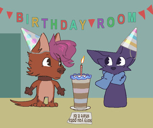 anthro birthday birthday_cake birthday_party black_nose blue_body blue_fur blue_scarf brown_body brown_fur brown_nose cake candle chibi clothing dessert duo eye_contact feet food fur hair handpaw hat hat_on_ear hat_only headgear headgear_only headwear headwear_only hindpaw limbless looking_at_another male mostly_nude party_hat party_hat_only paws purple_hair scarf snout standing tail text dyyrlysh arsene_(nisvuthjusandre) joe_(thatguynamedjoe) domestic_cat felid feline felis hyena mammal spotted_hyena 2025 aliasing aseprite_(artwork) digital_drawing_(artwork) digital_media_(artwork) english_text flat_colors hi_res