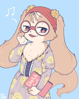 accessory anthro blue_background chest_tuft clothing dress eyewear female floppy_ears floral_print flower_on_head fur glasses headband looking_at_viewer multicolored_body multicolored_fur musical_note musical_symbol notebook open_:3 red_eyes simple_background sketchbook solo symbol tan_body tuft two_tone_body two_tone_fur aruurara delivery_kitten_unyan cavalier_(delivery_kitten_unyan) bird_dog canid canine canis cavalier_king_charles_spaniel domestic_dog hunting_dog mammal spaniel toy_dog 2025 hi_res signature