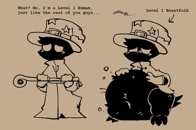 3_toes ambiguous_gender anthro belly big_belly black_and_orange blush clothed clothing dark_body dark_fur dialogue empty_eyes feet fur gameplay_mechanics gloves hammerspace hand_on_belly handwear hat headgear headwear holding_object holding_staff huge_belly level_number lies magic_user obese obese_ambiguous obese_anthro open_clothing open_robe overweight overweight_ambiguous overweight_anthro robe rumbling_stomach simple_background solo staff tail tan_background text thick_thighs toes witch_hat pawplants unknown_species 2025 digital_media_(artwork) english_text monochrome