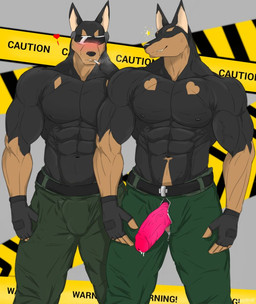 abs anthro army army_clothing army_outfit aroused aroused_by_another aroused_face aroused_male barazoku barricade_tape belt biceps big_muscles big_pecs black_belt black_body black_clothing black_fingerless_gloves black_fur black_gloves black_handwear blush blush_lines bodily_fluids bottomwear bulge cigarette cigarette_in_mouth cigarette_smoke clothed clothing cocky cocky_smile detailed_bulge dripping duo erection erection_under_bottomwear erection_under_clothing erection_under_pants fingerless_gloves flirting fur genital_fluids genital_outline genitals gloves green_bottomwear green_clothing green_pants handwear heart_symbol humanoid_genitalia humanoid_penis leaking_precum looking_at_another looking_at_another's_penis looking_at_partner looking_at_partner's_penis looking_at_viewer looking_down looking_down_at_another looking_down_at_genitalia looking_down_at_partner looking_down_at_penis male male/male manly military military_clothing military_pants military_uniform muscular muscular_anthro muscular_male object_in_mouth orange_body orange_fur pants pecs penis penis_outline penis_poking_out penis_through_fly police_tape precum precum_drip precum_on_penis presenting presenting_penis red_penis showing_off_muscles smile smiling_at_viewer smoke smoking smoking_cigarette soldier standing text thick_arms topless topless_anthro topless_male tough_guy uniform visor warrior reachea alfonz_(reachea) canid canine canis dobermann domestic_dog mammal pinscher