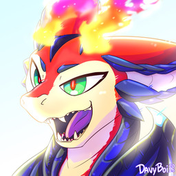 cheek_horn ears_back fire glowing glowing_eyes horn male markings neck_muscles open_mouth open_smile pivoted_ears scale_markings scales smile solo teeth tongue wings davyboi league_of_legends mythology riot_games tencent smolder_(lol) dragon mythological_creature mythological_scalie scalie 1:1 bust_portrait hi_res portrait