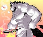 abs anthro cooking cookware egg food frying_pan fur kitchen_utensils male meat muscular muscular_anthro muscular_male pecs sausage solo tail tools aliensymbol mythology canid canine mammal mythological_canine mythological_creature werecanid werecanine werecreature werewolf hi_res