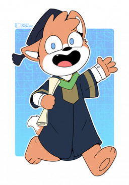 anthro blue_background blue_eyes fur graduation graduation_cap graduation_ceremony graduation_robe happy male orange_body orange_fox orange_fur simple_background smile solo toony walking conditional_dnp scoty_doodlerz scott_james(scoty_doodlerz) canid canine fox mammal hi_res