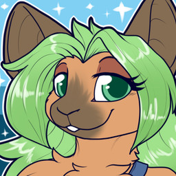anthro brown_body brown_fur chest_tuft fangs female fur green_eyes green_hair hair looking_at_viewer simple_background solo teeth tuft shikaro mammal mouse murid murine rodent 1:1 headshot_portrait icon low_res portrait
