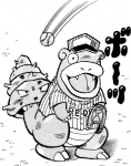 ambiguous_gender ball baseball_(ball) catcher's_mitt claws clothing feral gloves grass handwear hat headgear headwear open_mouth plant shell solo teeth text tongue unknown_artist nintendo pokemon generation_1_pokemon marine pokemon_(species) shellder shellder_(slowbro) slowbro black_and_white japanese_text monochrome translation_request