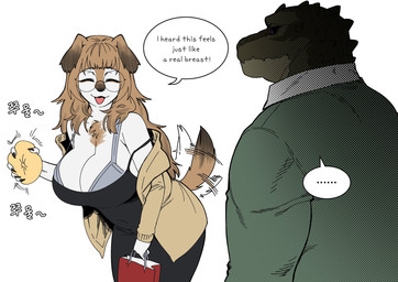 anthro big_breasts biped black_nose bra breasts clothed clothing dialogue dress duo eyewear female fur glasses green_body hair holding_object huge_breasts male nails simple_background smile snout speech_bubble standing tail tail_motion tailwag text tongue tongue_out underwear kissxmaker alligator alligatorid canid canine canis crocodilian domestic_dog mammal reptile scalie 2026 absurd_res english_text hi_res korean_text