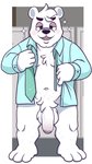 anthro balls black_nose clothed clothing flaccid foreskin fur genitals humanoid_genitalia humanoid_hands humanoid_penis male navel necktie open_clothing open_shirt open_topwear penis shirt slightly_chubby solo topwear white_body white_fur tbid aggretsuko sanrio shirota_(aggretsuko) bear mammal polar_bear ursine 2021 hi_res