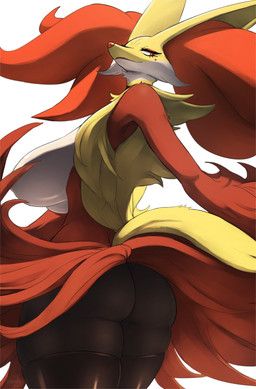 anthro areola big_breasts black_body black_butt black_clothing black_legwear black_thigh_highs breasts butt cheek_tuft clothing eyelashes facial_tuft female fur fur_tuft legwear looking_back mostly_nude red_arms red_body red_fur tail teeth thigh_highs tuft white_body white_breasts white_fur yellow_body yellow_fur yellow_tail darakafox nintendo pokemon delphox generation_6_pokemon pokemon_(species) hi_res