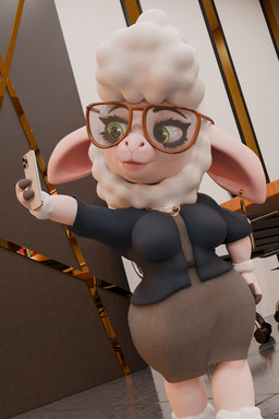 accessory anthro bell bell_collar breasts cellphone clothed clothing collar ear_piercing ear_ring electronics eyebrows eyelashes eyewear female fur glasses green_eyes phone piercing ring_piercing selfie smartphone smile solo wool_(fur) wolfladylouise wolfladylouise_(modeler) disney zootopia dawn_bellwether bovid caprine domestic_sheep mammal sheep 3d_(artwork) digital_media_(artwork) hi_res