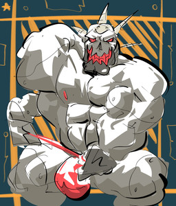 4_arms abstract_background barazoku clothing extra_arms flexing looking_at_viewer machine male multi_arm multi_limb muscular red_eyes sitting solo thick_thighs thong underwear wetyuip terraria skeletron_prime_(terraria) humanoid robot hi_res