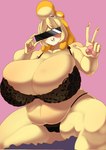 5_fingers anthro bell belly big_breasts black_bra black_clothing black_panties black_underwear blonde_hair bra breasts camel_toe cleavage clothed clothing curvy_figure female fingers gesture hair hand_gesture huge_breasts navel open_mouth open_smile overweight panties pawpads short_hair slightly_chubby smile solo spread_legs spreading thick_thighs underwear v_sign venus_figure voluptuous wide_hips opqhlak animal_crossing nintendo isabelle_(animal_crossing) canid canine canis domestic_dog mammal shih_tzu toy_dog 2024 hi_res